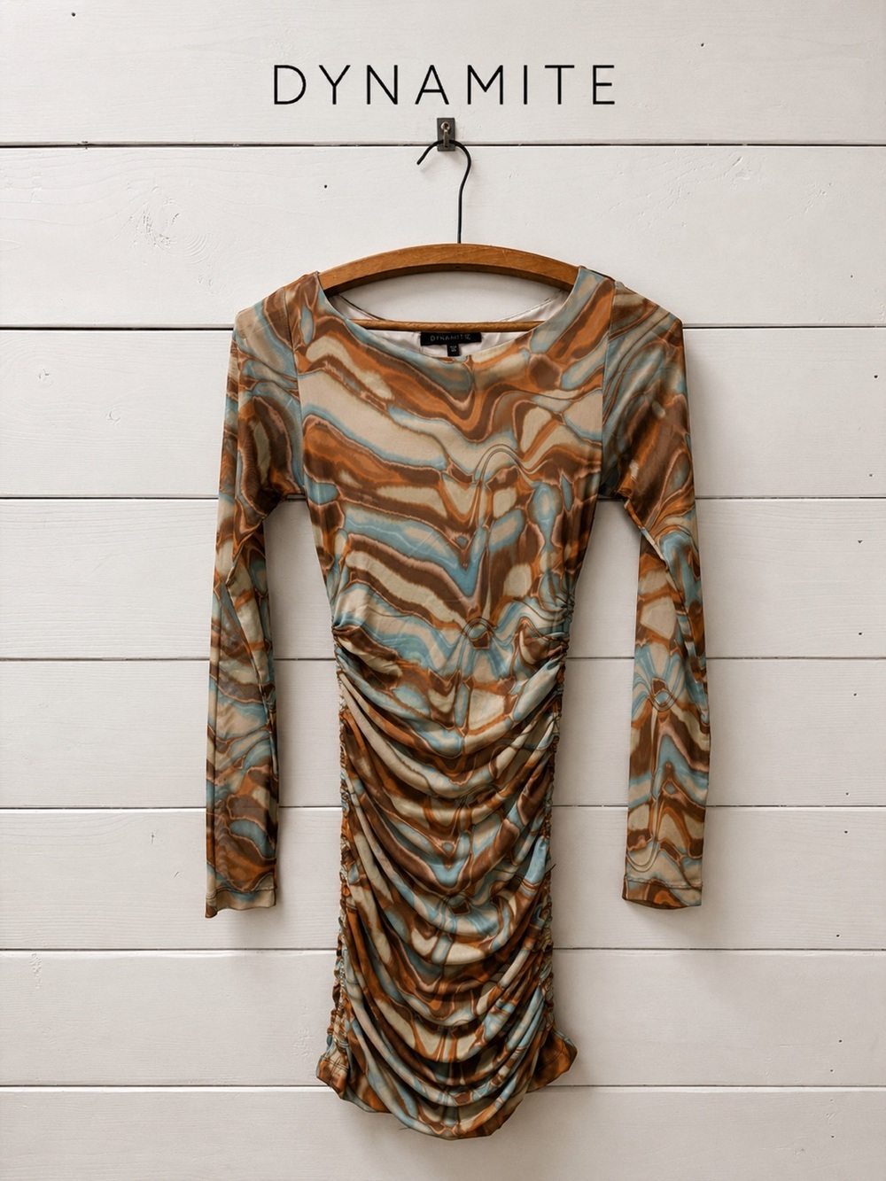 Dynamite Mesh Ruched Mini Dress – Abstract Marble Print – Brown & Blue – Size XS
